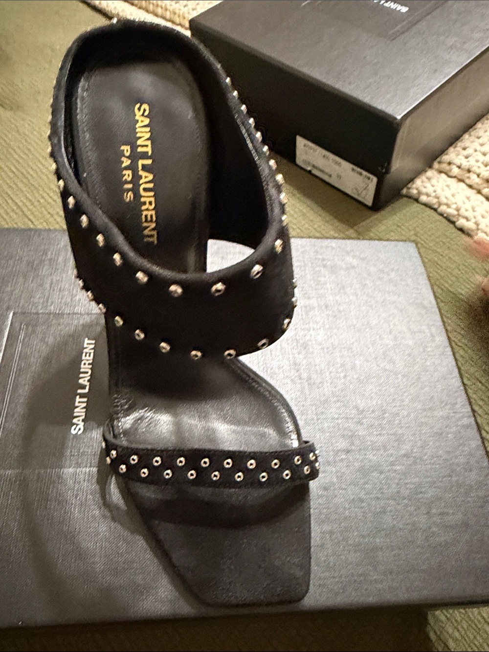 Saint Laurent Black Studded Double-Strap Mule Heel